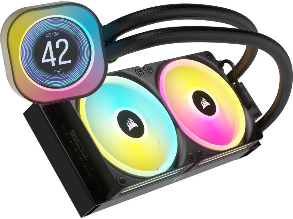 خنک کننده مایع پردازنده مرکزی Corsair iCUE LINK H100i LCD، رادیاتور 240 میلی‌متری، صفحه نمایش 2.1 اینچی IPS LCD، فن‌های 120 میلی‌متری QX120 RGB، سرعت 2400 دور در دقیقه، جریان هوای 63.1 CFM، صفحه سرد مسی، مشکی | CW-9061007-WW