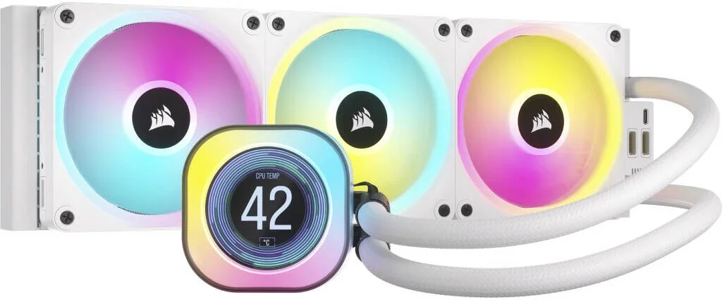 خنک کننده مایع پردازنده CORSAIR iCUE LINK H150i RGB AIO LCD، رادیاتور 360 میلی‌متری، صفحه نمایش 2.1 اینچی IPS LCD، فن‌های 120 میلی‌متری QX120 RGB، سرعت 2400 دور در دقیقه، جریان هوای 63.1 CFM، سوکت‌های Intel 1700 و AMD AM5، سفید | CW-9061010-WW