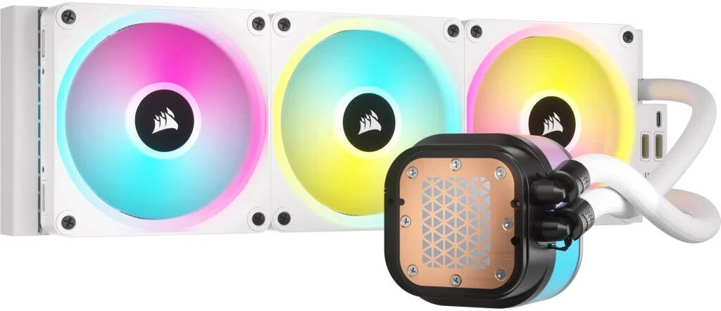 خنک کننده مایع پردازنده CORSAIR iCUE LINK H150i RGB AIO LCD، رادیاتور 360 میلی‌متری، صفحه نمایش 2.1 اینچی IPS LCD، فن‌های 120 میلی‌متری QX120 RGB، سرعت 2400 دور در دقیقه، جریان هوای 63.1 CFM، سوکت‌های Intel 1700 و AMD AM5، سفید | CW-9061010-WW