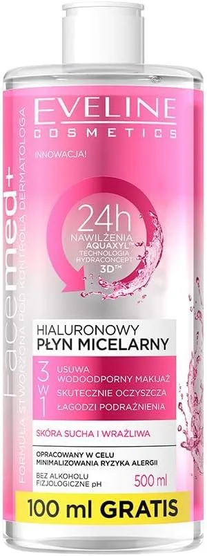 آب پاک کننده آرایش میسلار هیالورونیک Eveline Cosmetics | به طور موثر پوست را تمیز و التهاب را تسکین می دهد | ایده آل برای پوست بسیار حساس، خشک و واکنش پذیر صورت و پلک | 400 میلی لیتر