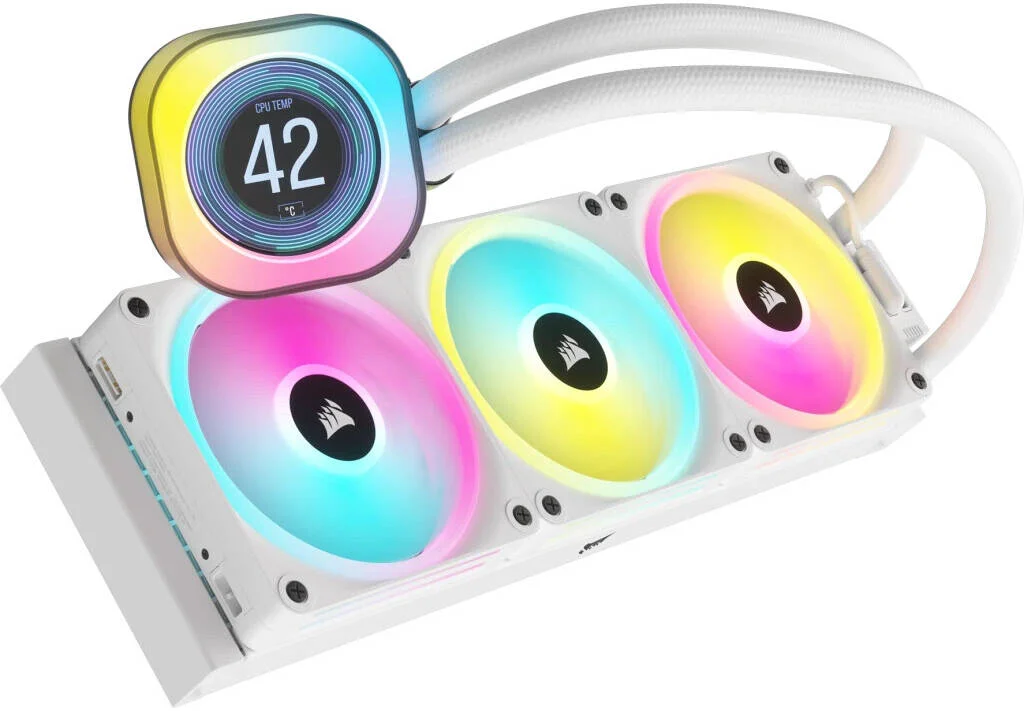 خنک کننده مایع پردازنده CORSAIR iCUE LINK H150i RGB AIO LCD، رادیاتور 360 میلی‌متری، صفحه نمایش 2.1 اینچی IPS LCD، فن‌های 120 میلی‌متری QX120 RGB، سرعت 2400 دور در دقیقه، جریان هوای 63.1 CFM، سوکت‌های Intel 1700 و AMD AM5، سفید | CW-9061010-WW