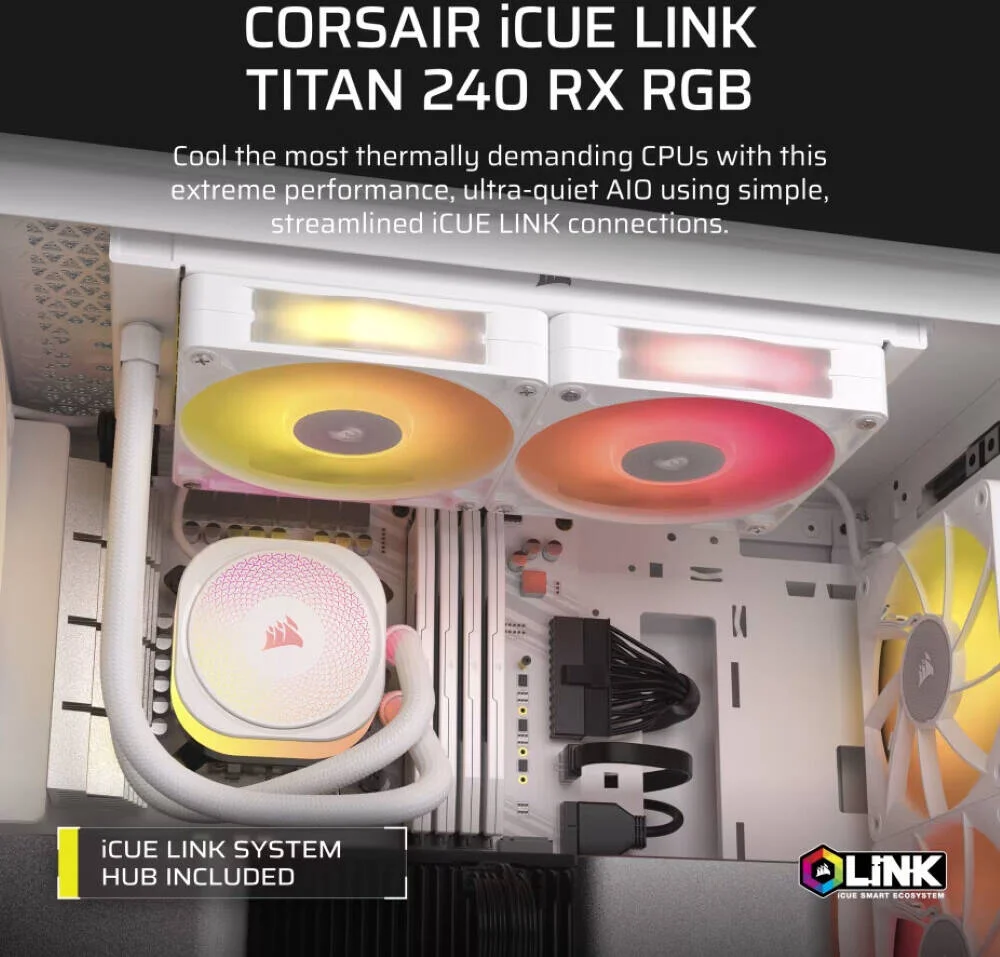 خنک کننده مایع پردازنده CORSAIR iCUE LINK TITAN 240 RX RGB AIO، سازگار با سوکت اینتل LGA 1851، 1700، AMD AM5، AM4، RGB آدرس پذیر، عملکرد خنک کننده فوق العاده، سفید | CW-9061020-WW