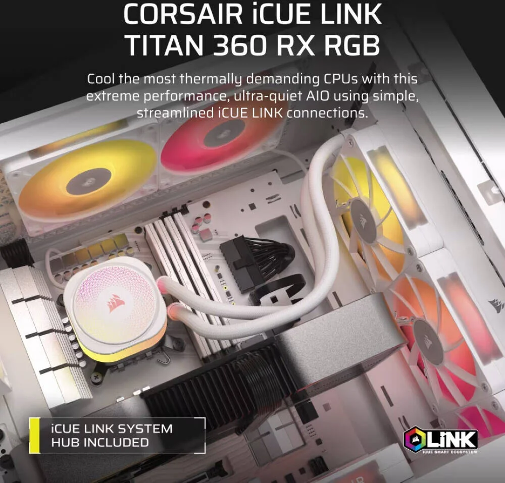 خنک کننده مایع پردازنده CORSAIR iCUE LINK TITAN 360 RX RGB AIO، سازگار با سوکت اینتل LGA 1851، 1700، AMD AM5، AM4، RGB قابل آدرس دهی، عملکرد خنک کننده فوق العاده، سفید | CW-9061021-WW