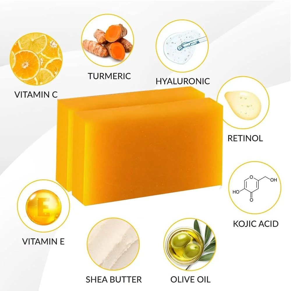 صابون کوجیک اسید، صابون های رفع لک تیره حاوی ویتامین C، رتینول، کلاژن، زردچوبه، هیالورونیک اسید، ویتامین E، شی باتر، روغن زیتون (2 عدد)