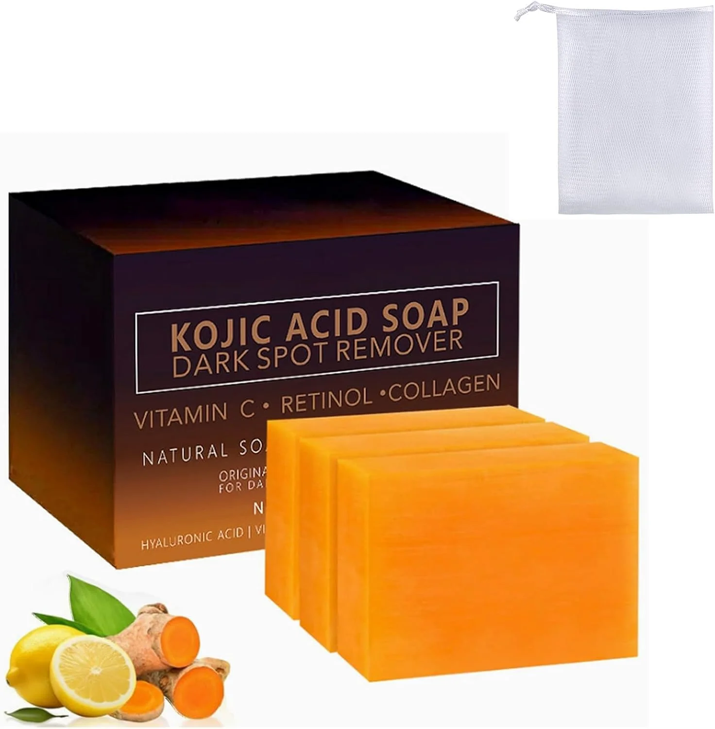 صابون زردچوبه و کوجیک اسید 3 عددی به همراه کیسه توری حباب ساز دست ساز، صابون زردچوبه، عسل و لیمو کوجیک اسید برای صورت و بدن حاوی ویتامین C