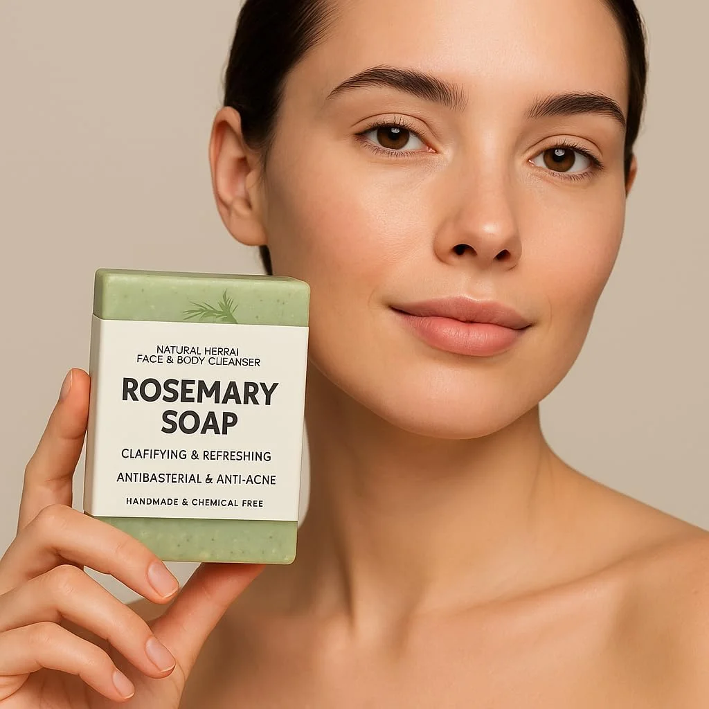صابون رزماری - پاک کننده طبیعی گیاهی صورت و بدن - شفاف کننده و طراوت بخش - ضد باکتری و ضد جوش - دست ساز و بدون مواد شیمیایی