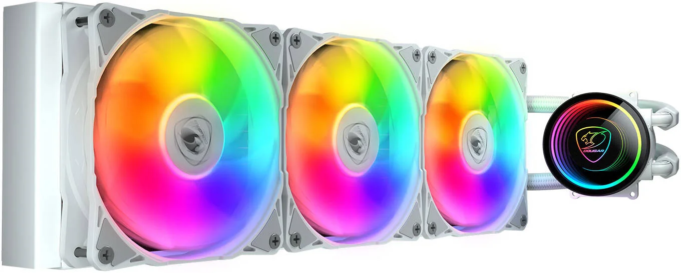 خنک کننده مایع پردازنده Cougar Poseidon Elite aRGB AIO، طول رادیاتور 360 میلی‌متر، صفحه سرد مسی، سرعت پمپ 2700 دور در دقیقه، فن 120 میلی‌متری، سرعت فن 2200 دور در دقیقه، جریان هوای 62.53 CFM، سفید | 3MPSD360.0002