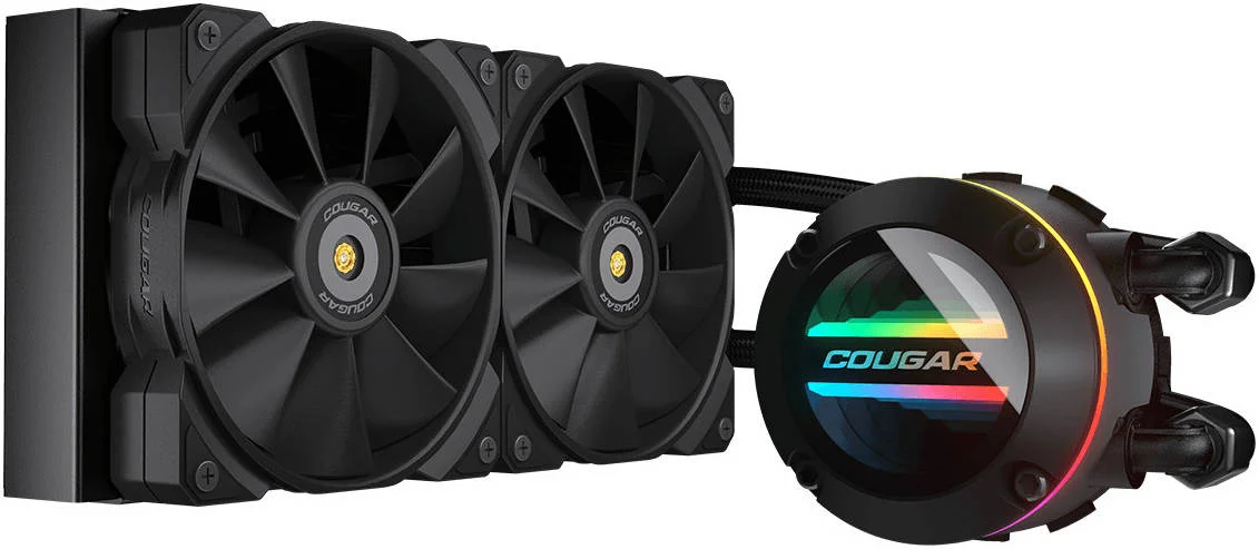 خنک کننده مایع 240 میلی متری Cougar Poseidon GT240 AIO، با 2 فن ARGB مدل MHP120، جریان هوای 82.48CFM، بلبرینگ ZrO₂، پره های 90 درجه Utteright، سر پمپ چرخشی آینه ای بی نهایت، سازگار با LGA 1700، مشکی | 3MAQS240.0001