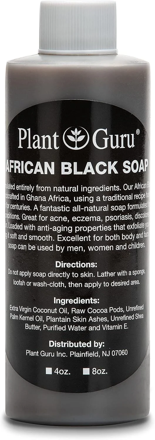مایع صابون سیاه آفریقایی 118 میلی لیتر. 100% خام، خالص و طبیعی از غنا. درمان آکنه، کمک به اگزما و پسوریازیس، پوست خشک، جای زخم و لکه های تیره. عالی برای جوش ها، جوش های سر سیاه، شستشوی صورت و بدن