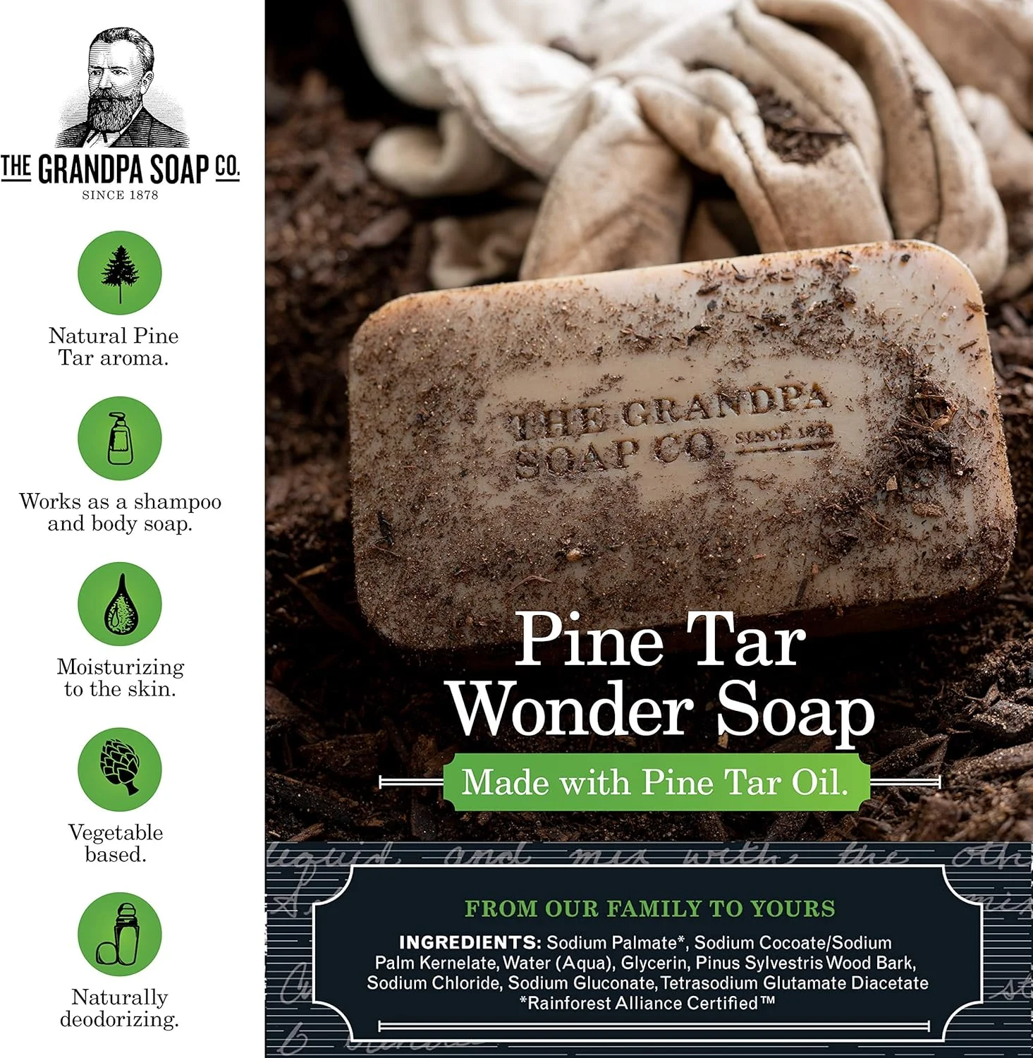 صابون قطران کاج شرکت Grandpa Soap، صابون شگفت انگیز اصلی | پاک کننده، خوشبو کننده و مرطوب کننده 3 در 1 | 4.25 اونس