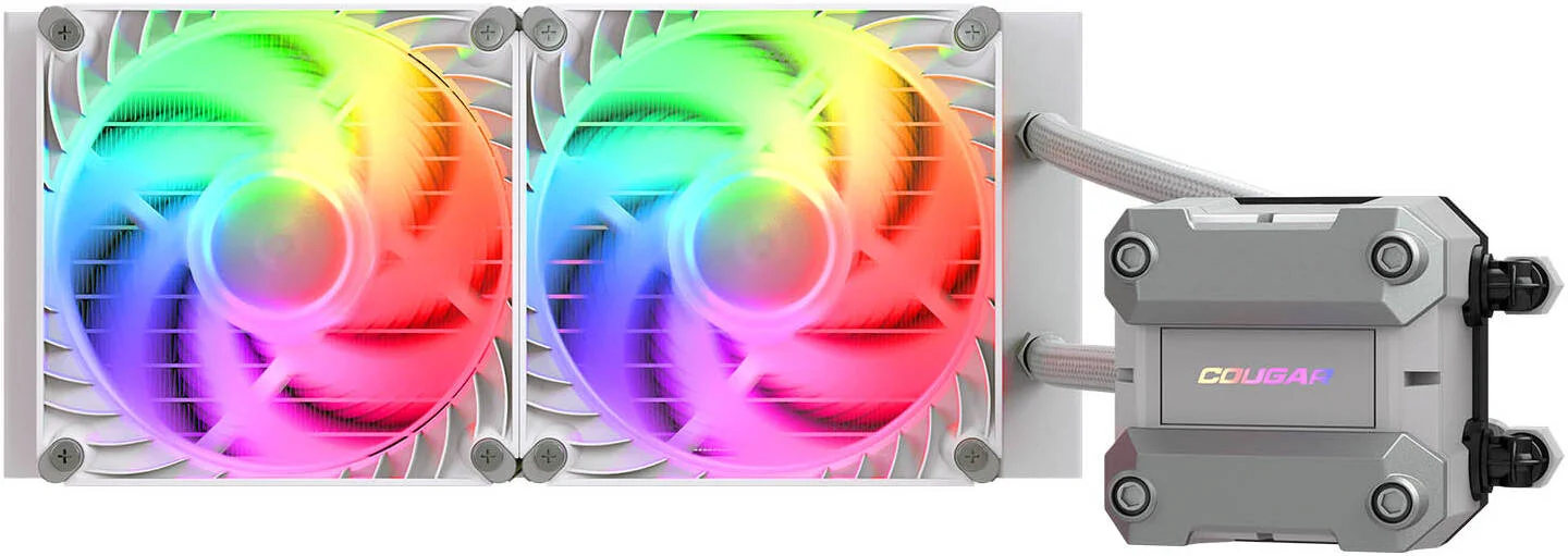 خنک کننده مایع پردازنده مرکزی Cougar Poseidon Ultra aRGB، رادیاتور 240 میلی‌متری، دارای 2 فن، سرعت فن 2200 دور در دقیقه، جریان هوای فن 64.95 CFM، جنس صفحه خنک‌کننده مسی، طول 400 میلی‌متر، سفید | 3MPUL240.0002
