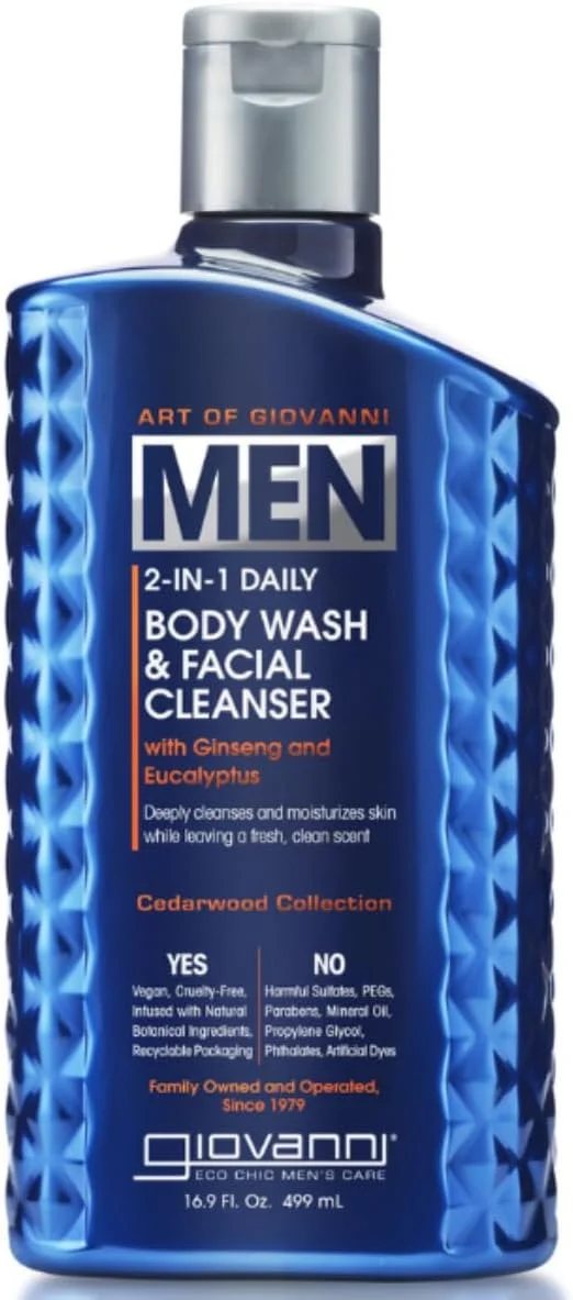 شوینده بدن و پاک کننده صورت روزانه 2 در 1 جیووانی مردانه | حاوی جینسینگ و اکالیپتوس | پاک کننده عمیق و مرطوب کننده پوست | مجموعه سدر مردانه | ویگن | 499 میلی لیتر