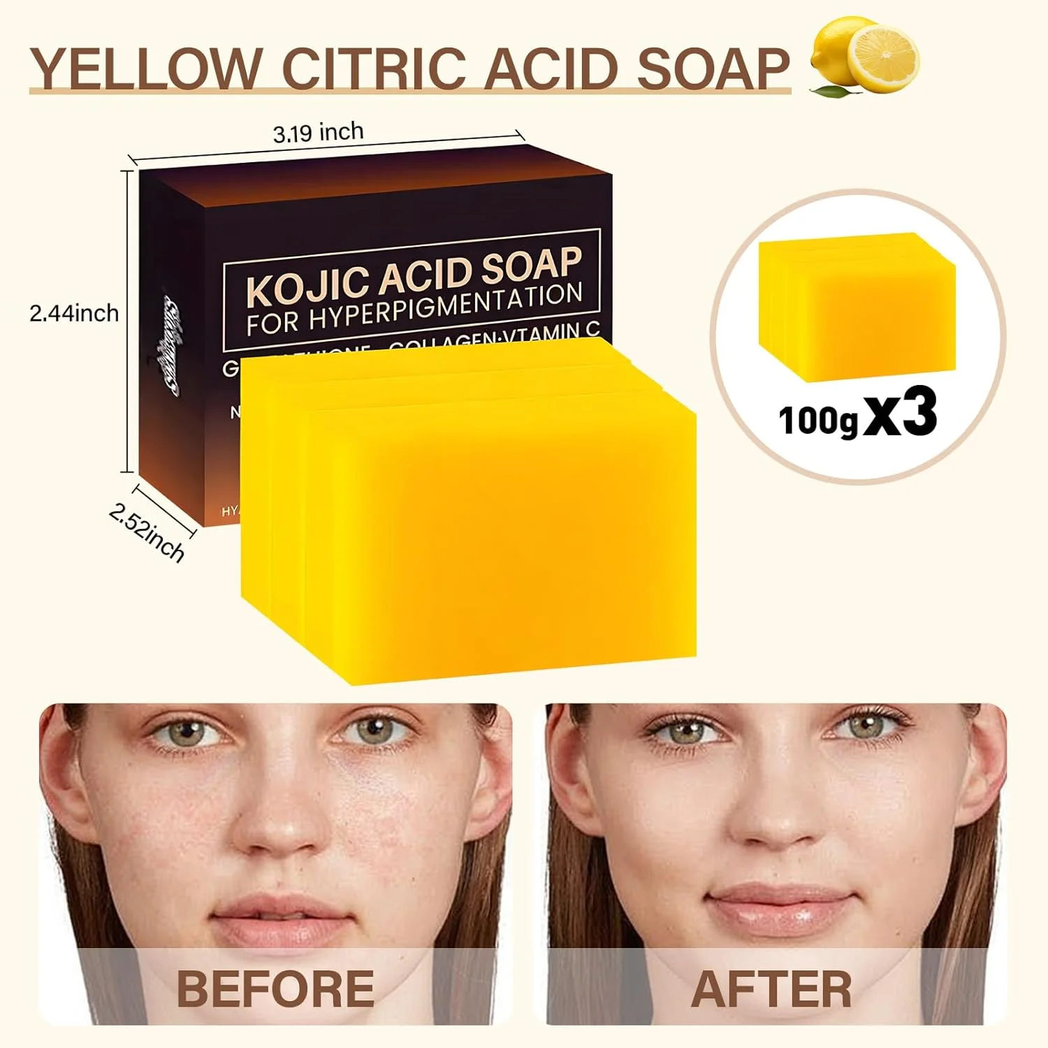 صابون های اوراجا با زردچوبه و کوجیک اسید، حاوی ویتامین C، رتینول، کلاژن و هیالورونیک اسید - روشن کننده پوست صورت و بدن، بسته 3 عددی