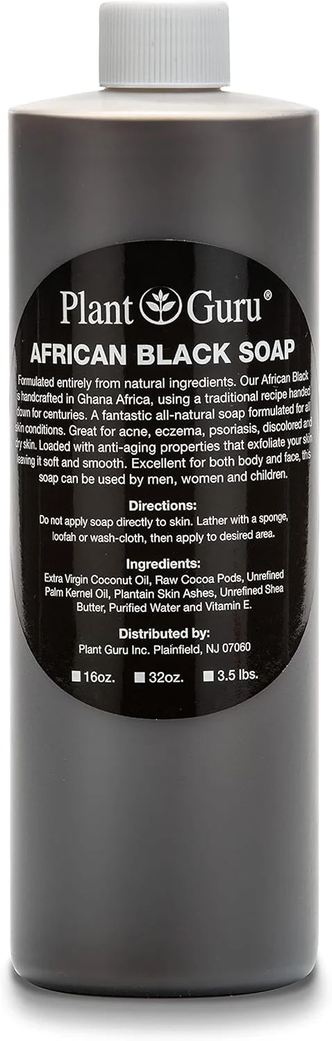 مایع صابون سیاه آفریقایی ۴۷۳ میلی لیتر. ۱۰۰٪ خالص و طبیعی از غنا. درمان آکنه، کمک به اگزما و پسوریازیس، پوست خشک، جای زخم و لکه های تیره. عالی برای جوش ها، جوش های سرسیاه، شستشوی صورت و بدن.