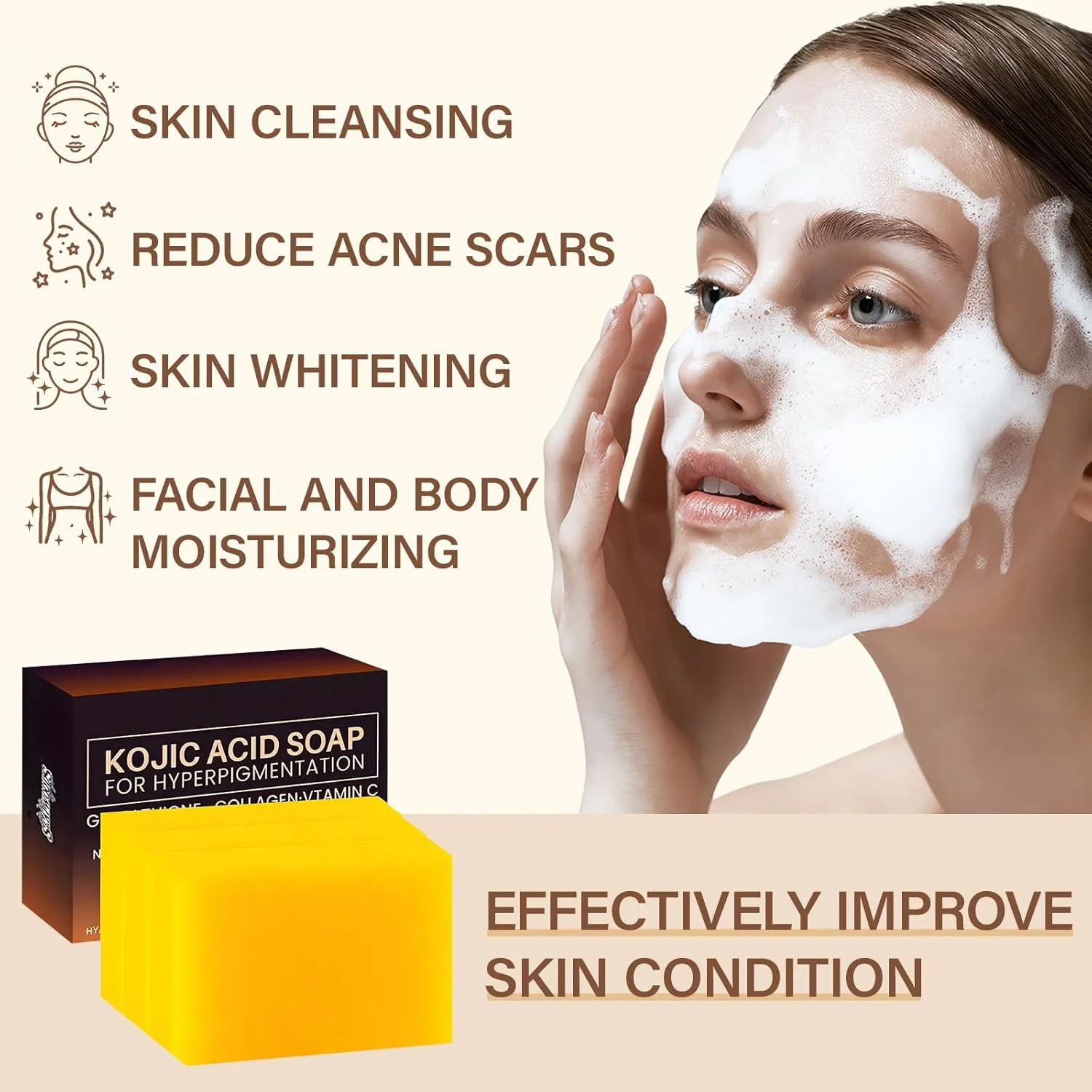 صابون های اوراجا با زردچوبه و کوجیک اسید، حاوی ویتامین C، رتینول، کلاژن و هیالورونیک اسید - روشن کننده پوست صورت و بدن، بسته 3 عددی