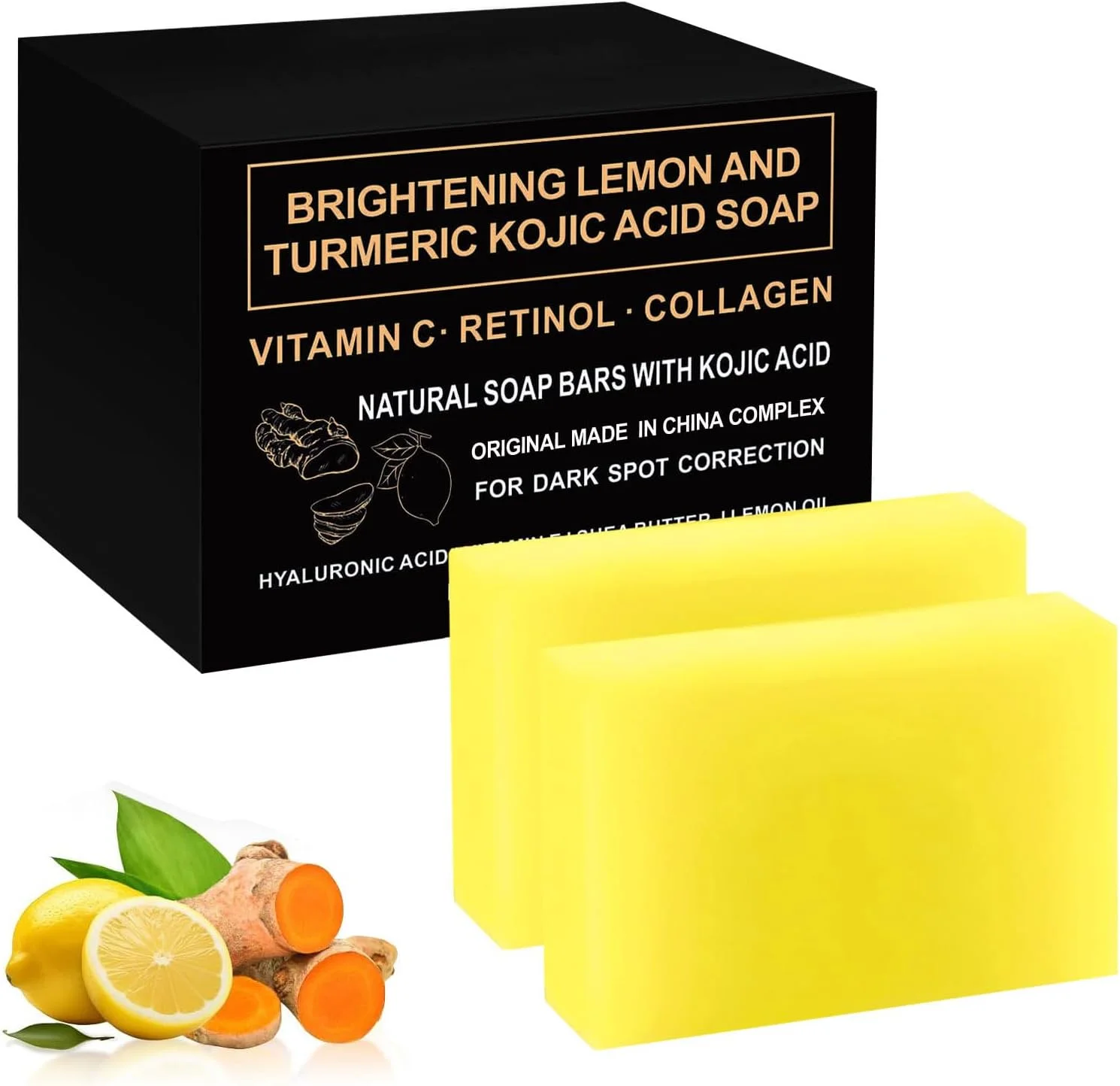 صابون روشن کننده لیمو و زردچوبه با اسید کوجیک حاوی ویتامین C، رتینول، کلاژن و مواد طبیعی (3 عدد) برای رفع لک های تیره