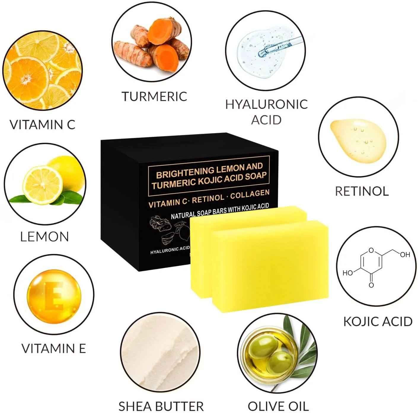 صابون روشن کننده لیمو و زردچوبه با اسید کوجیک حاوی ویتامین C، رتینول، کلاژن و مواد طبیعی (3 عدد) برای رفع لک های تیره