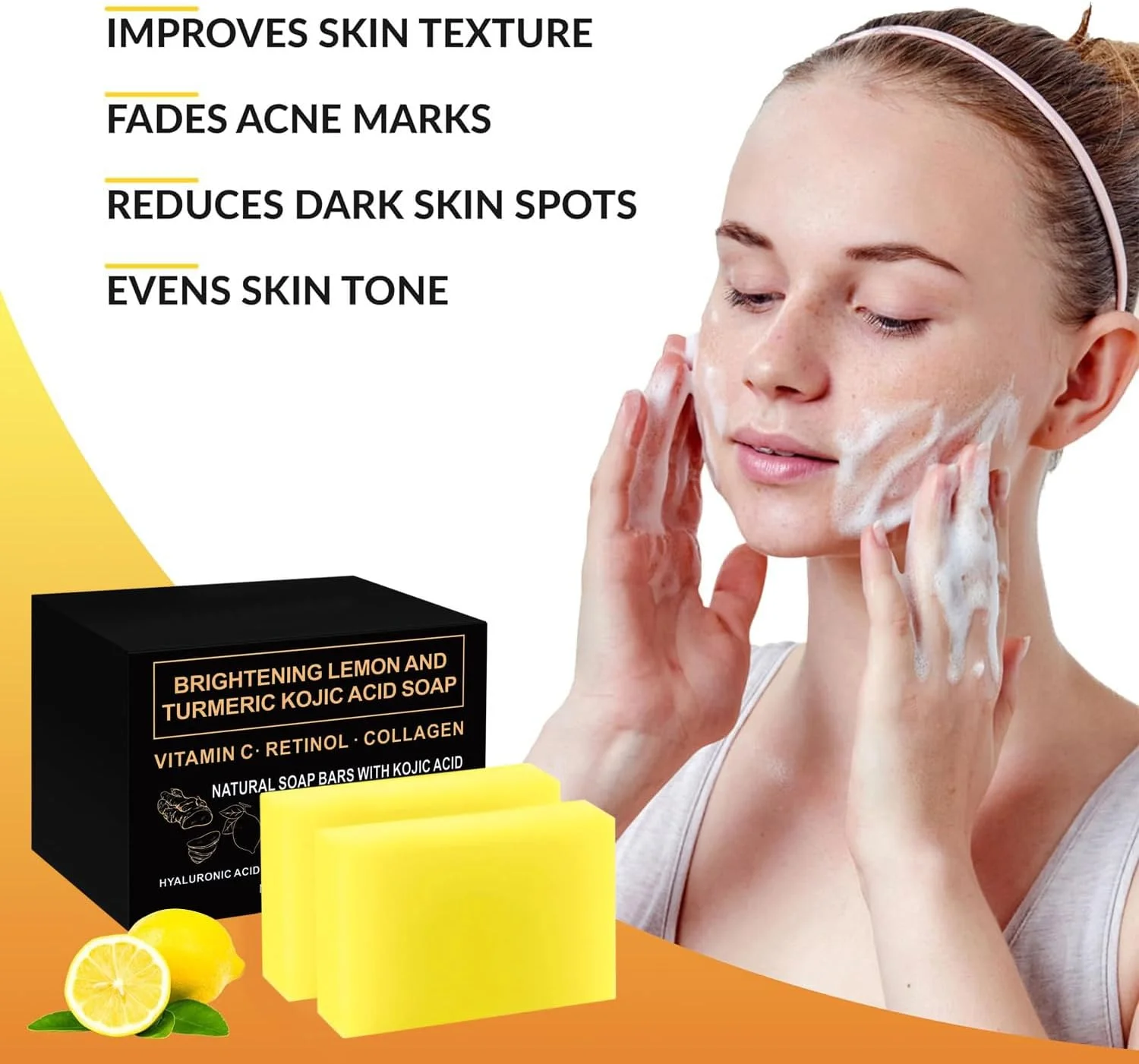 صابون روشن کننده لیمو و زردچوبه با اسید کوجیک حاوی ویتامین C، رتینول، کلاژن و مواد طبیعی (3 عدد) برای رفع لک های تیره