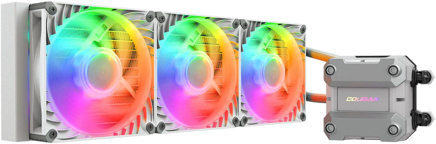 خنک کننده مایع پردازنده Cougar Poseidon Ultra aRGB، رادیاتور 360 میلی‌متری، شامل 3 عدد فن، سرعت فن 2200 دور در دقیقه، جریان هوای فن 64.95 CFM، جنس صفحه سرد مسی، لوله 400 میلی‌متری، سفید | 3MPUL360.0002