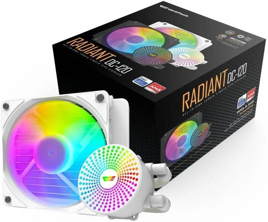 خنک کننده مایع پردازنده DarkFlash Radiant DC 120 ARGB، پشتیبانی از Intel و AMD، طول لوله 330 میلی متر، سرعت 3200 دور در دقیقه، جریان هوای 84.2CFM، مصرف برق 7.20W، سفید | DC-120-White