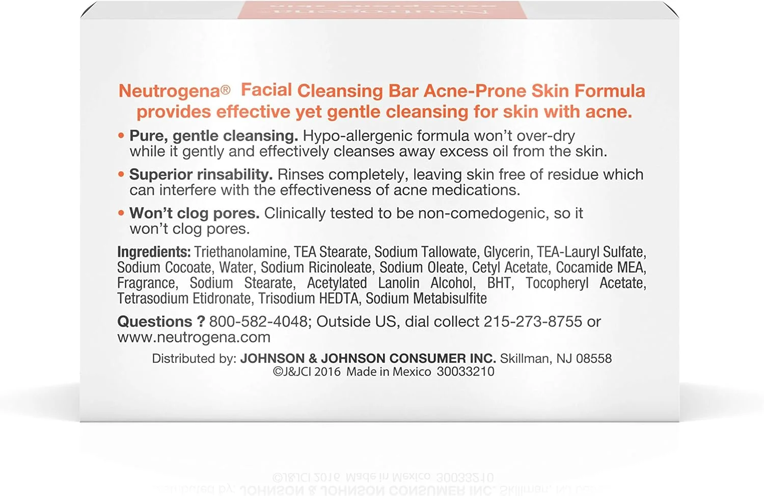 صابون پاک کننده صورت نوتروژینا مخصوص پوست های مستعد جوش، فرمولاسیون غیر دارویی، غنی از گلیسیرین و ضد حساسیت، بدون مواد شوینده یا رنگ، 100 گرم