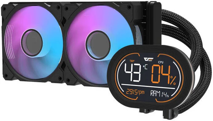 خنک کننده مایع پردازنده DarkFlash DH240D، رادیاتور آلومینیومی 240 میلی متری، 2 عدد فن 120 میلی متری، سرعت فن 2000 دور در دقیقه، سطح نویز 30dBA، جریان هوای فن 59.1CFM، بلوک آبی پایه مسی، بلبرینگ هیدرو، مشکی | DH240D