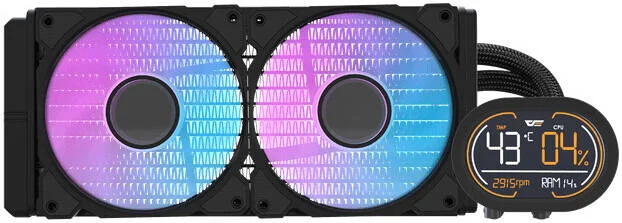 خنک کننده مایع پردازنده DarkFlash DH240D، رادیاتور آلومینیومی 240 میلی متری، 2 عدد فن 120 میلی متری، سرعت فن 2000 دور در دقیقه، سطح نویز 30dBA، جریان هوای فن 59.1CFM، بلوک آبی پایه مسی، بلبرینگ هیدرو، مشکی | DH240D