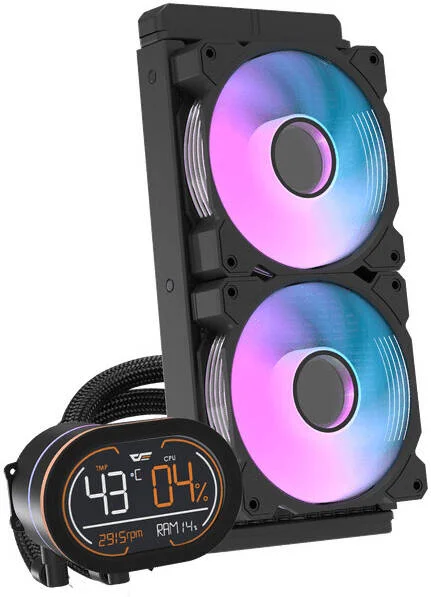 خنک کننده مایع پردازنده DarkFlash DH240D، رادیاتور آلومینیومی 240 میلی متری، 2 عدد فن 120 میلی متری، سرعت فن 2000 دور در دقیقه، سطح نویز 30dBA، جریان هوای فن 59.1CFM، بلوک آبی پایه مسی، بلبرینگ هیدرو، مشکی | DH240D