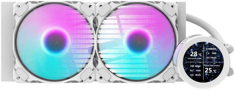 خنک کننده مایع پردازنده DarkFlash Nebula DN240S، رادیاتور 240 میلی‌متری، 2 عدد فن 240 میلی‌متری aRGB، صفحه نمایش 2.1 اینچی IPS، جریان هوای فن 61.7CFM، سرعت فن 1800 دور در دقیقه، سطح نویز 30dBA، بلوک آبی با پایه مسی، سفید | DN240S