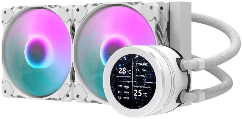 خنک کننده مایع پردازنده DarkFlash Nebula DN240S، رادیاتور 240 میلی‌متری، 2 عدد فن 240 میلی‌متری aRGB، صفحه نمایش 2.1 اینچی IPS، جریان هوای فن 61.7CFM، سرعت فن 1800 دور در دقیقه، سطح نویز 30dBA، بلوک آبی با پایه مسی، سفید | DN240S