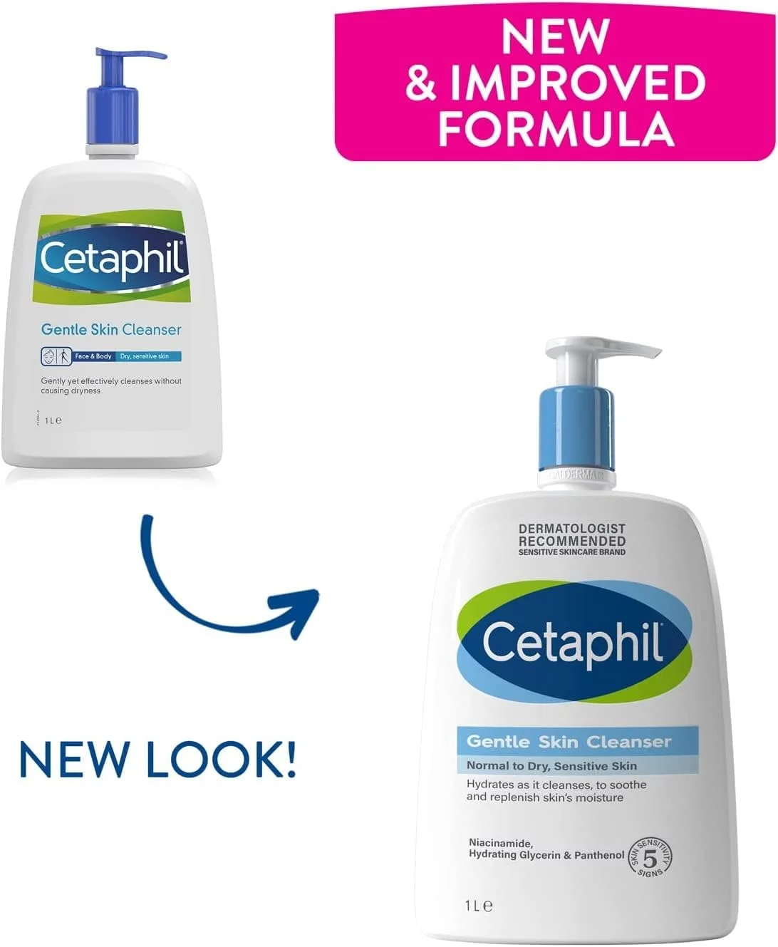 پاک کننده ملایم پوست سیتافیل، 1 لیتر، شستشوی صورت و بدن، برای پوست های نرمال تا خشک و حساس، حاوی نیاسینامید و گلیسیرین، بدون صابون