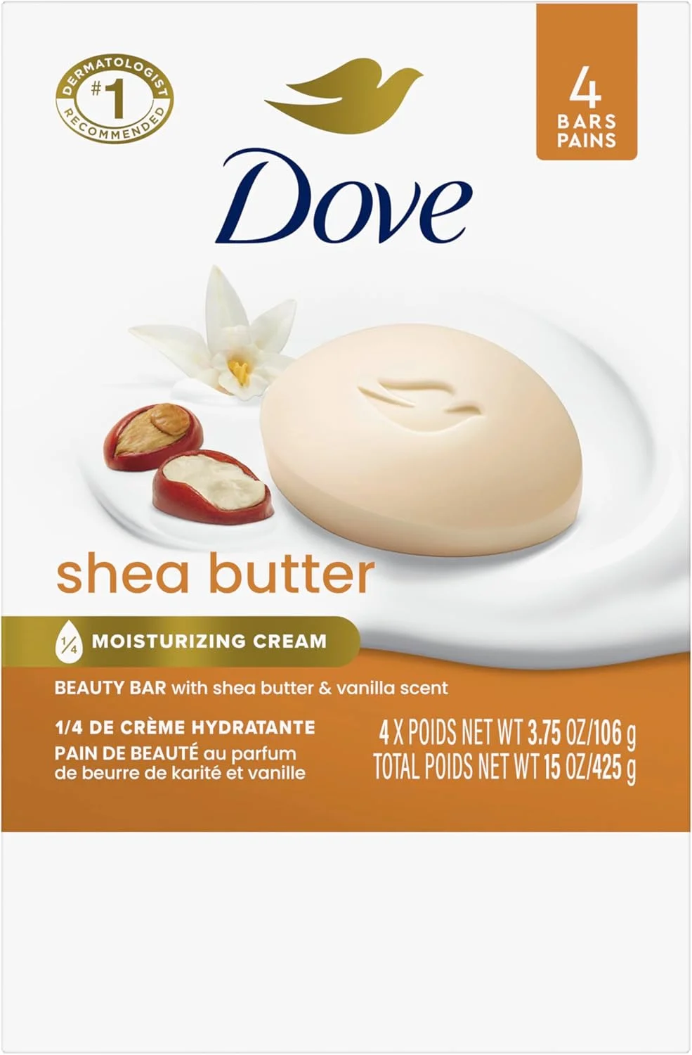 صابون قالبی داو با رایحه شی باتر، بسته 4 عددی، برای پوستی تغذیه شده و درخشان، غنی کننده پوست 106 گرم