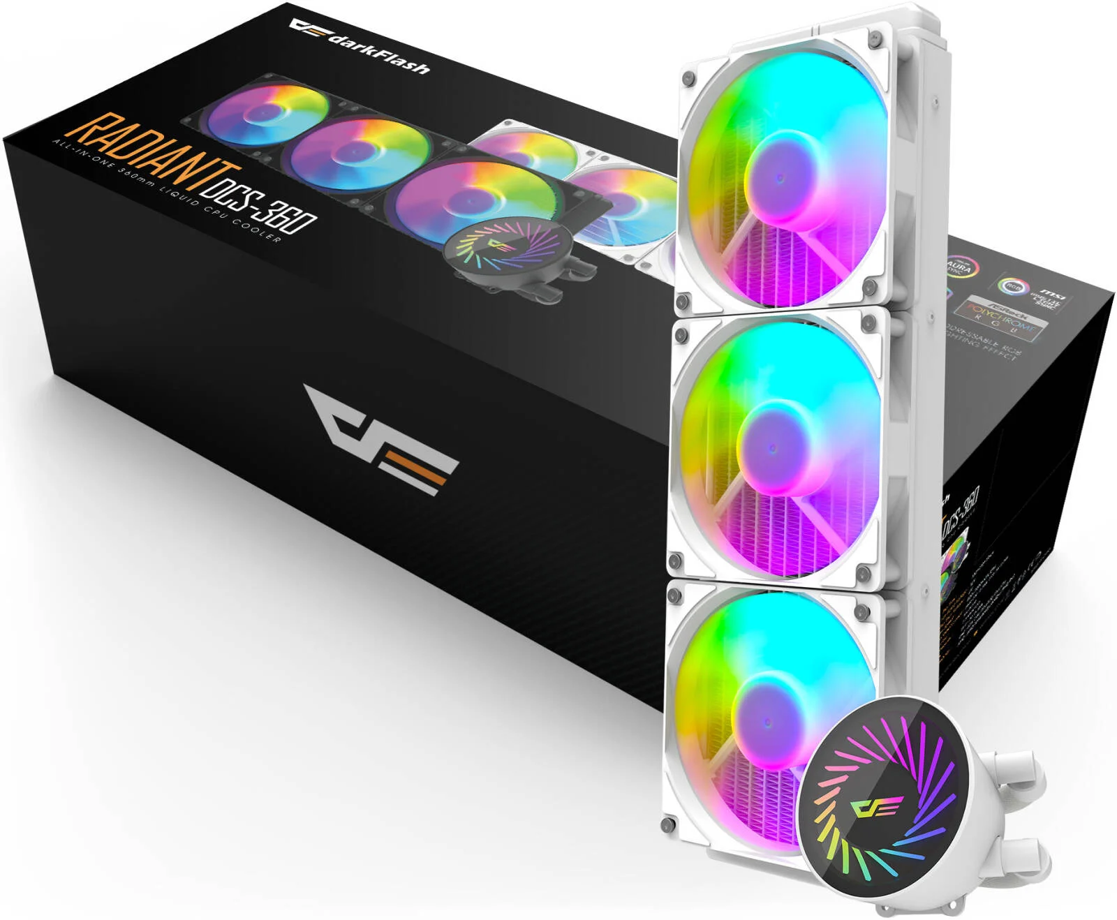 خنک کننده مایع پردازنده DarkFlash Radiant DCS 360 RGB، رادیاتور 360 میلی متری، فن 120 میلی متری RGB، سرعت فن 800 تا 2000 دور در دقیقه، جریان هوای 84.2CFM، پشتیبانی از ARGB Light Sync، پشتیبانی از سوکت های Intel و AMD، سفید | DCS-360-RGB-WH