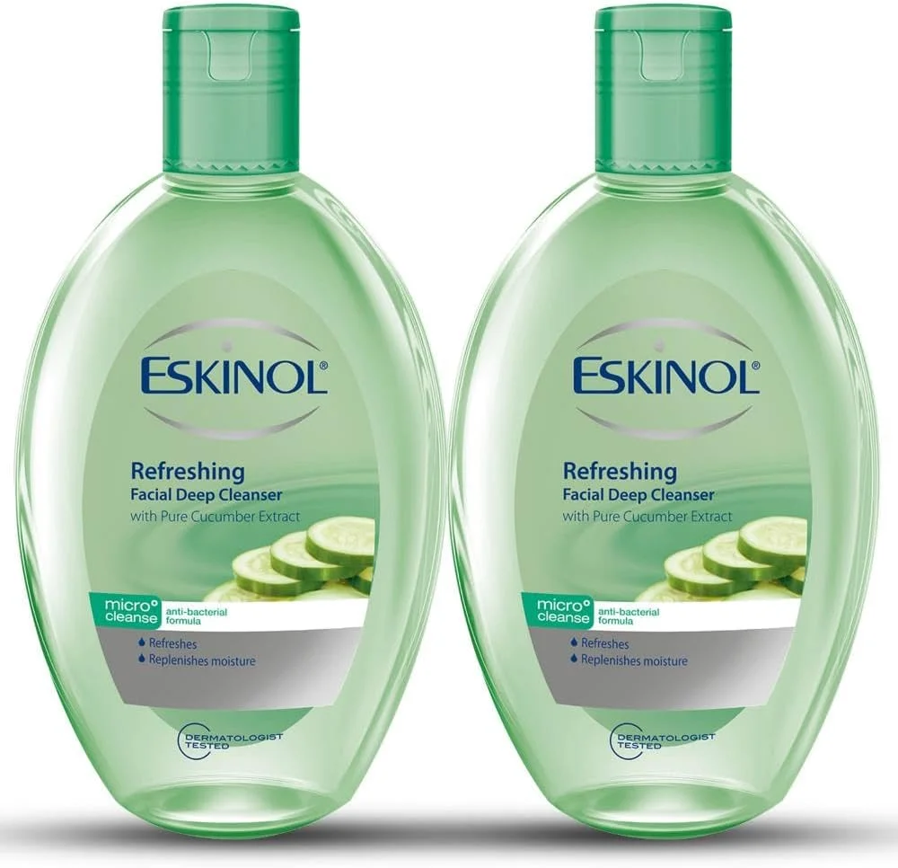 پاک کننده عمقی صورت طراوت بخش اسکینول، 225 میلی لیتر، بسته دوتایی، | حاوی عصاره خالص خیار | فرمولاسیون میکرو-پاک کننده و ضد باکتری | تونر روشن کننده پوست صورت برای آقایان و بانوان