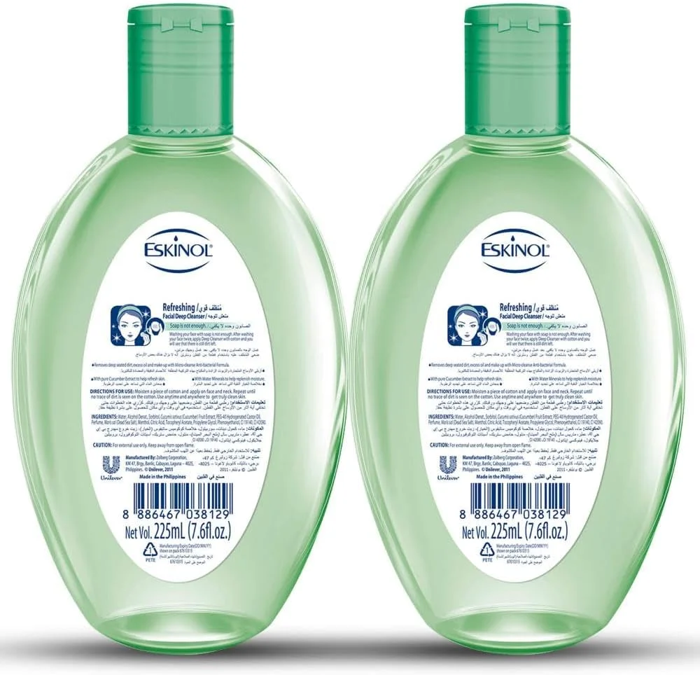 پاک کننده عمقی صورت طراوت بخش اسکینول، 225 میلی لیتر، بسته دوتایی، | حاوی عصاره خالص خیار | فرمولاسیون میکرو-پاک کننده و ضد باکتری | تونر روشن کننده پوست صورت برای آقایان و بانوان