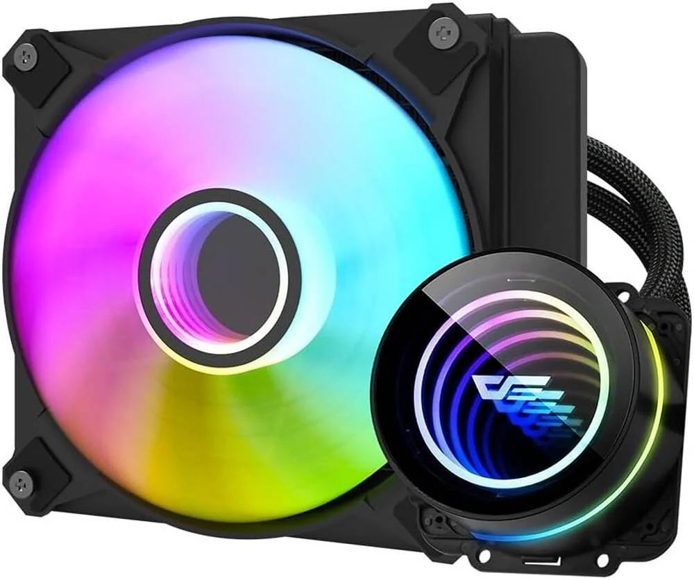 خنک کننده مایع پردازنده DarkFlash Twister DX120 V2.6 aRGB، رادیاتور 120 میلی متری، سرعت فن 1800 دور در دقیقه، جریان هوای 51 CFM، نویز کم 32dBA، پمپ آب با آینه بی نهایت، بلوک مسی Bayswater، مشکی | DX120-V2.6-Black
