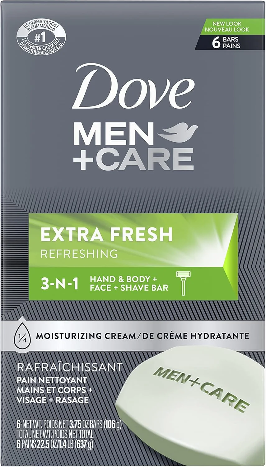 شوینده 3 در 1 داو من + کر برای بدن، صورت و اصلاح، جهت پاکسازی و آبرسانی پوست، طراوت بخش، شوینده صورت و بدن، مرطوب کننده بیشتر از صابون معمولی، 106 گرم، 6 عدد