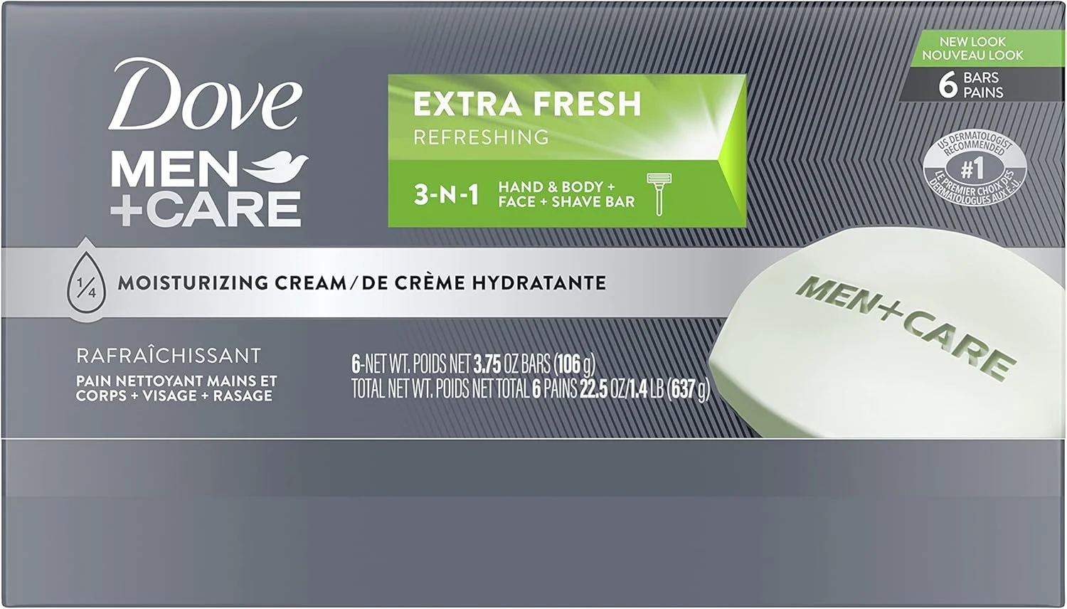 شوینده 3 در 1 داو من + کر برای بدن، صورت و اصلاح، جهت پاکسازی و آبرسانی پوست، طراوت بخش، شوینده صورت و بدن، مرطوب کننده بیشتر از صابون معمولی، 106 گرم، 6 عدد