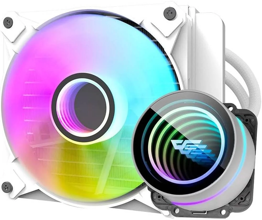 خنک کننده مایع پردازنده DarkFlash Twister DX120 V2.6 aRGB، رادیاتور 120 میلی متری، سرعت فن 1800 دور در دقیقه، جریان هوای 51 CFM، نویز کم 32dBA، پمپ آب با آینه بی نهایت، بلوک مسی Bayswater، سفید | DX120-V2.6-White