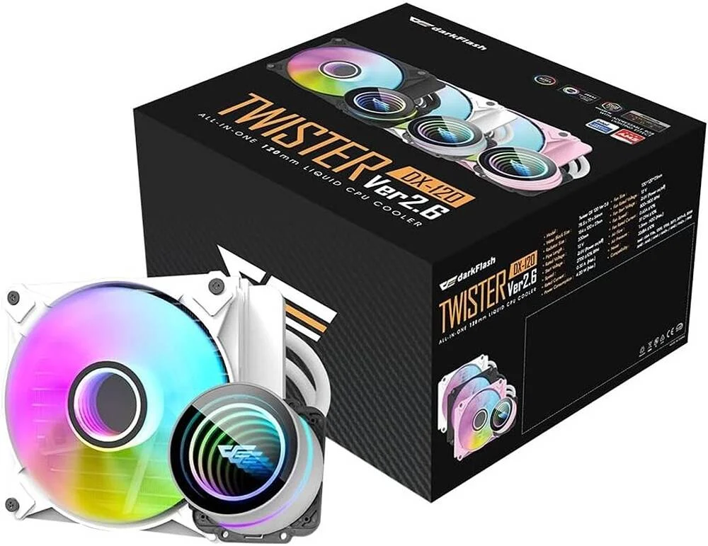 خنک کننده مایع پردازنده DarkFlash Twister DX120 V2.6 aRGB، رادیاتور 120 میلی متری، سرعت فن 1800 دور در دقیقه، جریان هوای 51 CFM، نویز کم 32dBA، پمپ آب با آینه بی نهایت، بلوک مسی Bayswater، سفید | DX120-V2.6-White