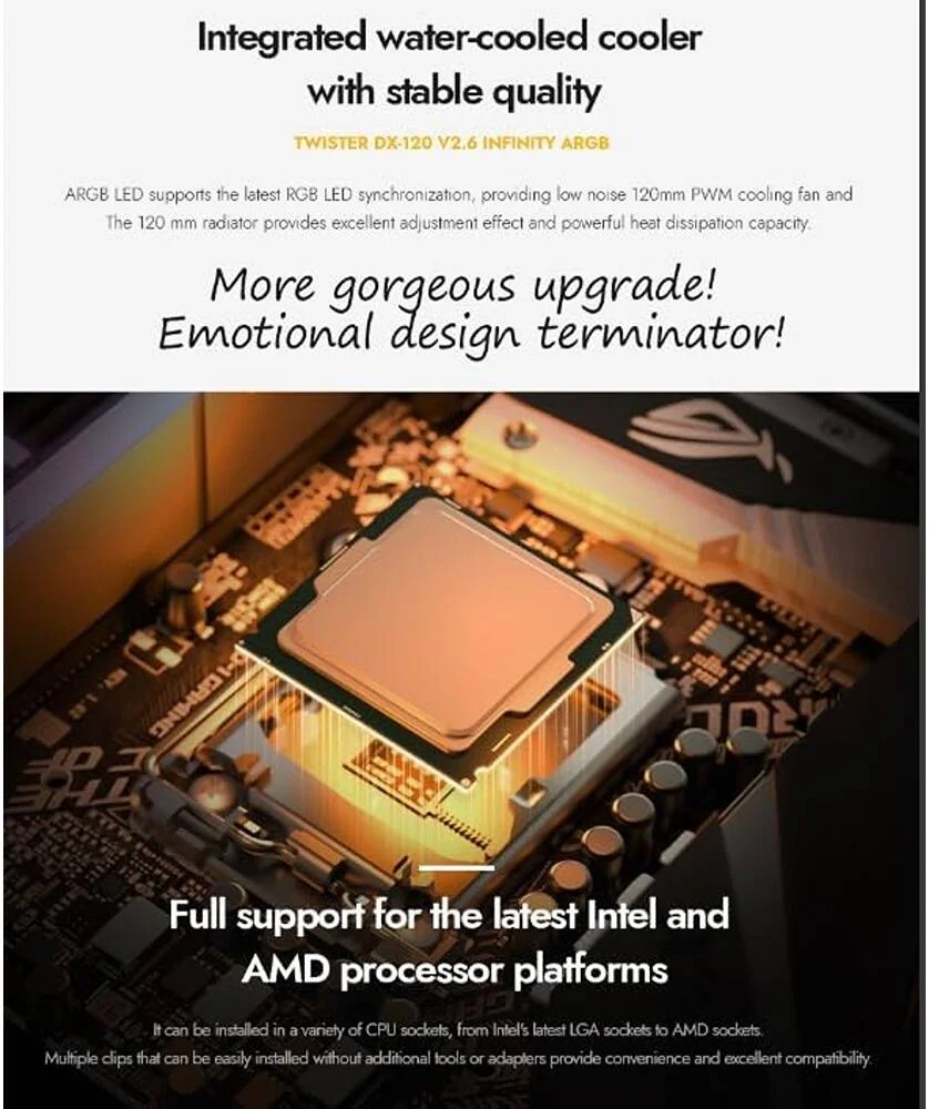 خنک کننده مایع پردازنده DarkFlash Twister DX120 V2.6 aRGB، رادیاتور 120 میلی متری، سرعت فن 1800 دور در دقیقه، جریان هوای 51 CFM، نویز کم 32dBA، پمپ آب با آینه بی نهایت، بلوک مسی Bayswater، سفید | DX120-V2.6-White
