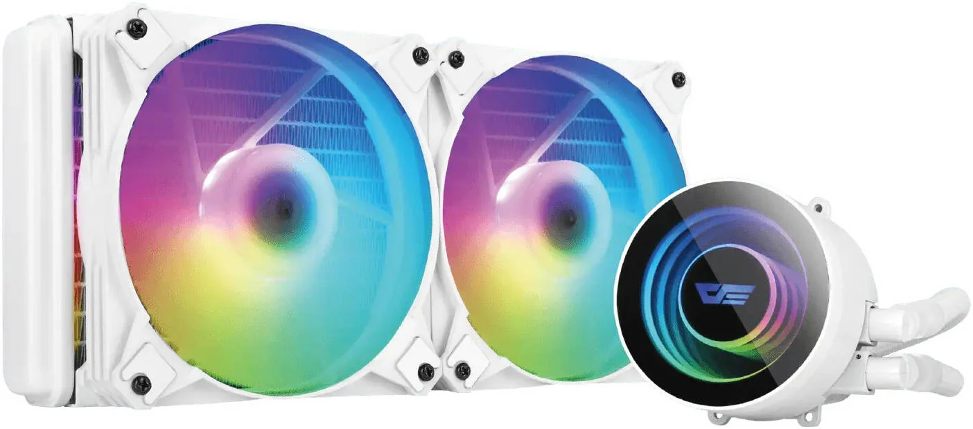 خنک کننده مایع پردازنده DarkFlash Twister DX240 V2.6 aRGB، رادیاتور 240 میلی متری، سرعت فن 1800 دور در دقیقه، جریان هوای 51 CFM، سطح نویز 32dBA، چرخش 360 درجه، بلوک مسی Bayswater، سفید | DX240-V2.6-White