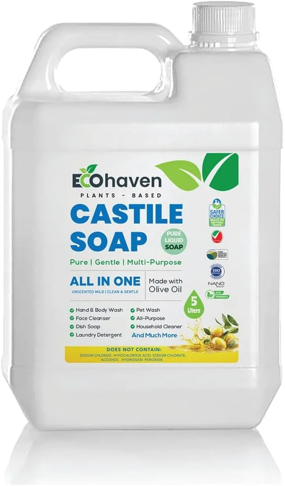 صابون مایع کاستیل خالص و ارگانیک اکوهیون - 100% طبیعی، ساخته شده با روغن های ارگانیک، 18 کاربرد در 1: صورت، بدن، مو، لباسشویی، حیوانات خانگی و ظروف، غلیظ، وگان، غیر تراریخته، غیر سمی - (5 لیتر)