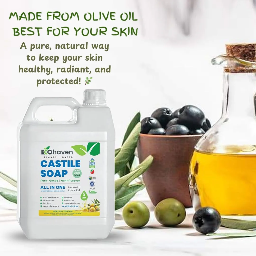 صابون مایع کاستیل خالص و ارگانیک اکوهیون - 100% طبیعی، ساخته شده با روغن های ارگانیک، 18 کاربرد در 1: صورت، بدن، مو، لباسشویی، حیوانات خانگی و ظروف، غلیظ، وگان، غیر تراریخته، غیر سمی - (5 لیتر)