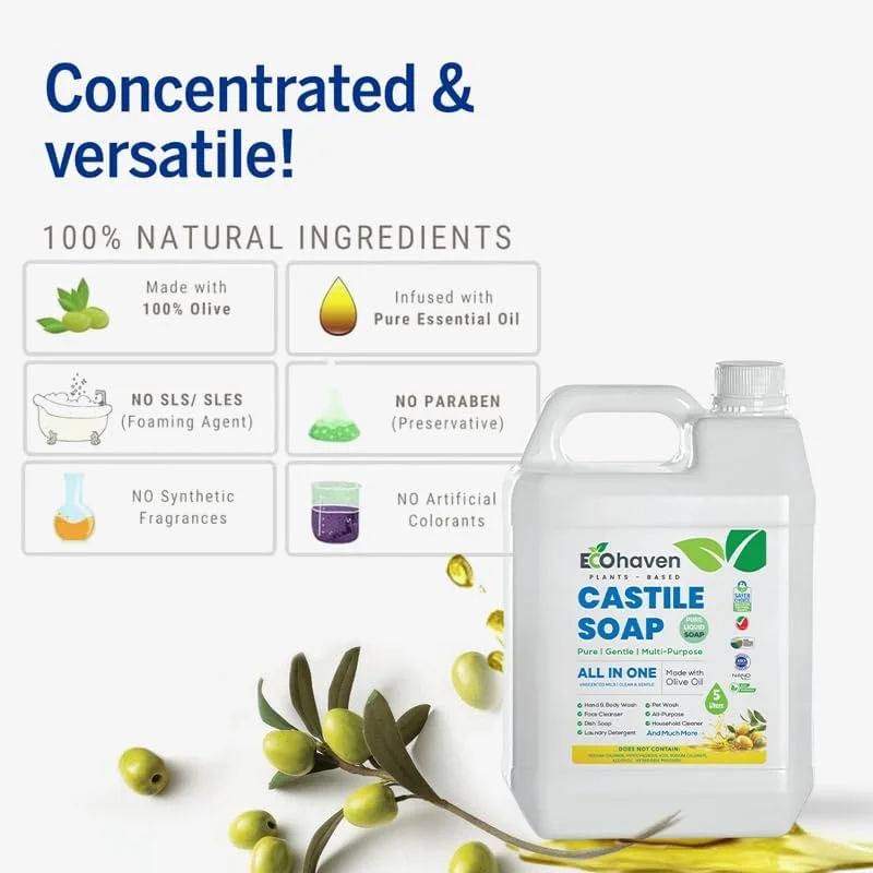 صابون مایع کاستیل خالص و ارگانیک اکوهیون - 100% طبیعی، ساخته شده با روغن های ارگانیک، 18 کاربرد در 1: صورت، بدن، مو، لباسشویی، حیوانات خانگی و ظروف، غلیظ، وگان، غیر تراریخته، غیر سمی - (5 لیتر)