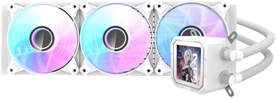 خنک کننده مایع پردازنده DarkFlash Wave DV360S، رادیاتور 360 میلی‌متری، 3 عدد فن 120 میلی‌متری aRGB، نمایشگر IPS 3.2 اینچی، جریان هوای فن 64.05CFM، سرعت فن 1800 دور در دقیقه، سطح نویز 30dBa، بلوک آب پایه مسی، سفید | DV360S