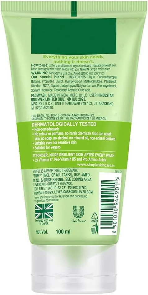 شوینده طراوت بخش پوست صورت Simple، ۱۰۰ میلی لیتر | شوینده صورت ۱۰۰% فاقد صابون | مناسب برای انواع پوست