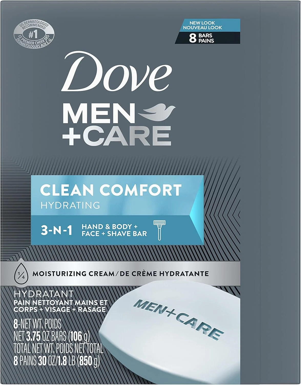 داو من+کر بادی اند فیس بار برای تمیز کردن و آبرسانی پوست، پاک کننده بدن و صورت، مرطوب کننده بیشتر از صابون معمولی، 106 گرم، 8 عدد (بسته 1 عددی)