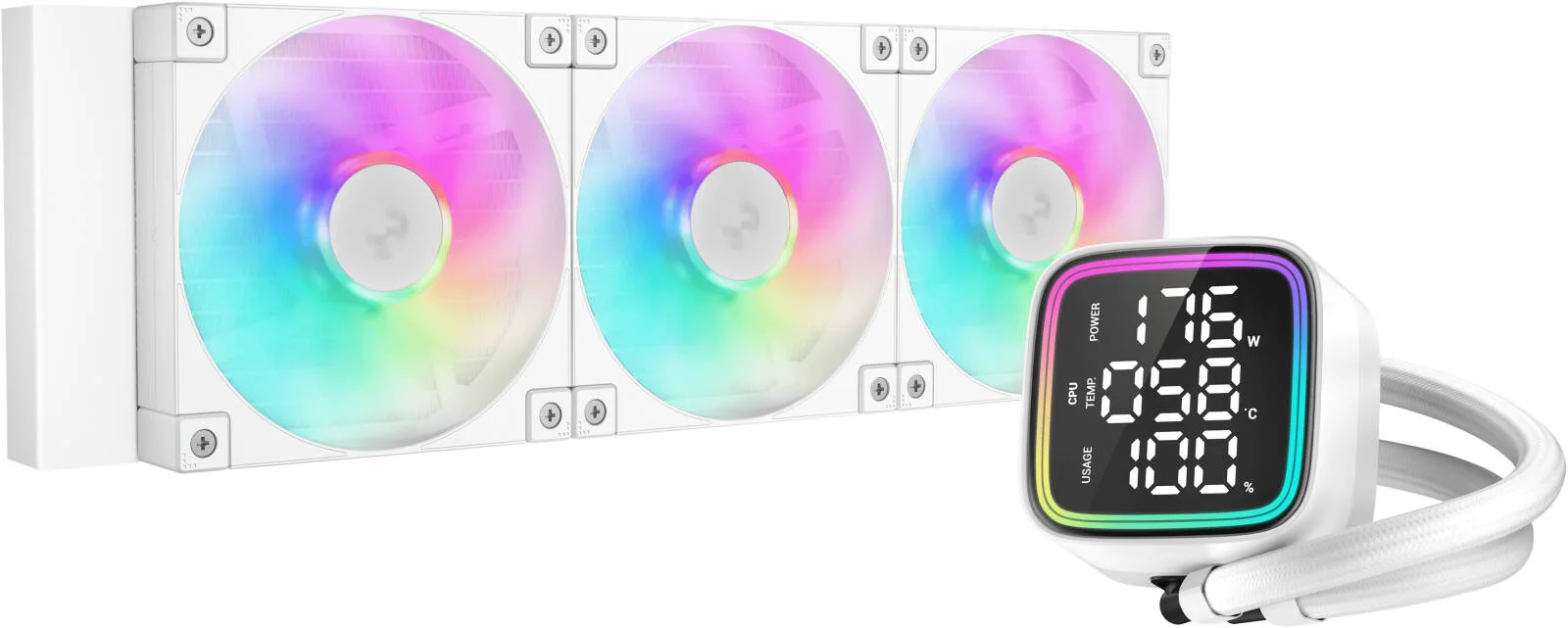 خنک کننده مایع پردازنده دیپ کول LD360 با رادیاتور 360 میلی متری، نمایشگر دیجیتال چند خطی LED، نمایش وضعیت لحظه ای پردازنده، 3 فن 120 میلی متری FD12 ARGB، سرعت فن 2400 دور در دقیقه، جریان هوای 72.04 CFM، سفید | R-LD360-WHDMMN-G-1
