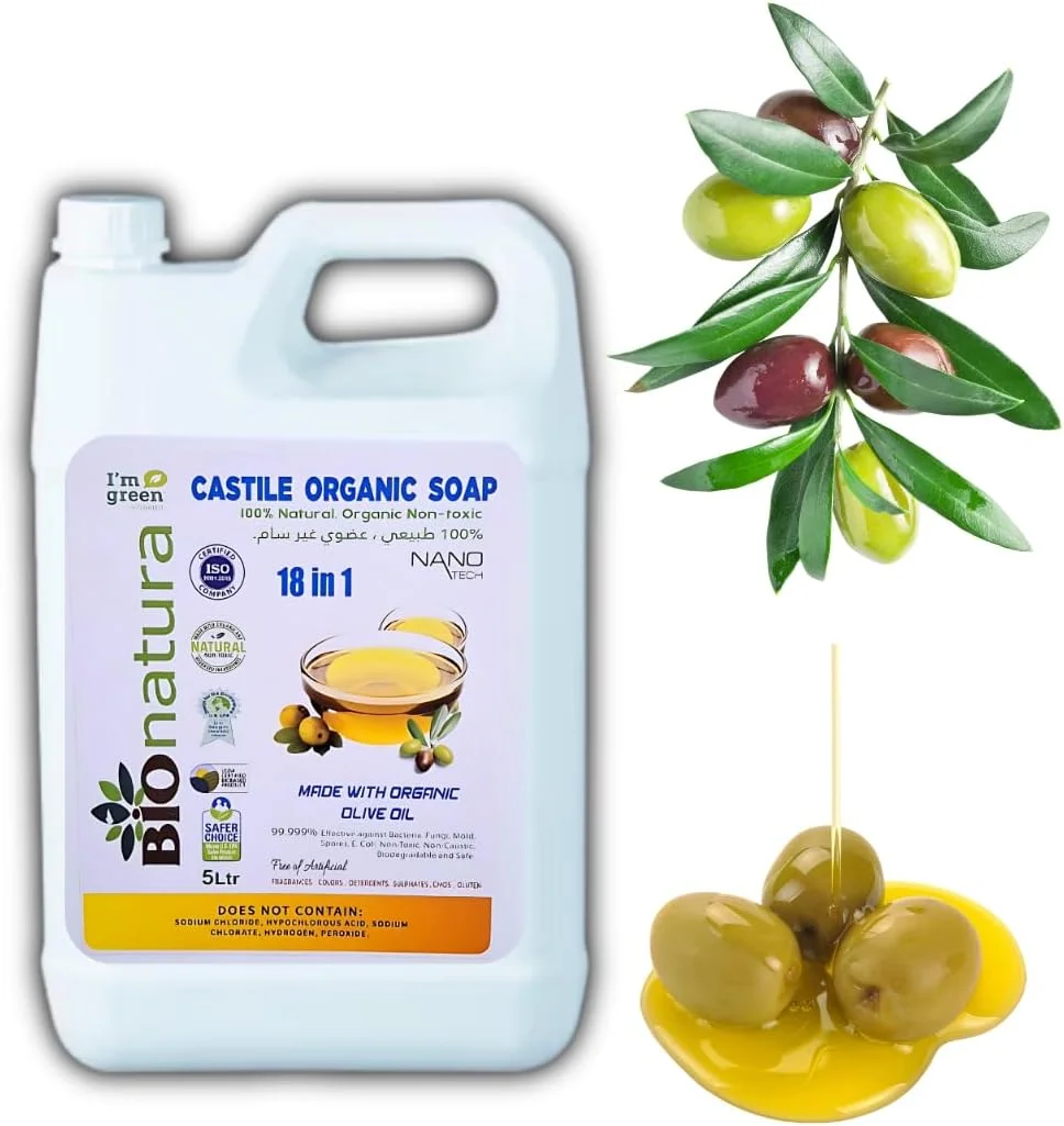 صابون مایع کاستیل خالص و ارگانیک - 100% طبیعی، ساخته شده با روغن های ارگانیک، 18 کاربرد در 1: صورت، بدن، مو، لباسشویی، حیوانات خانگی و ظروف، غلیظ، وگان، غیر GMO، غیر سمی - 1 لیتر (5 لیتر)